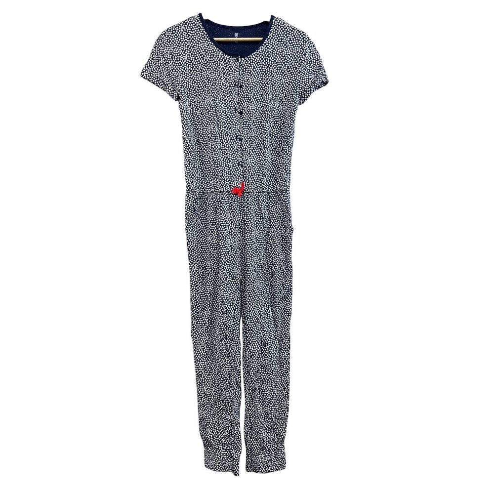 Gap Kids XL Navy & White Heart Print Jumpsuit With Red Bow Accent Short Sleeves